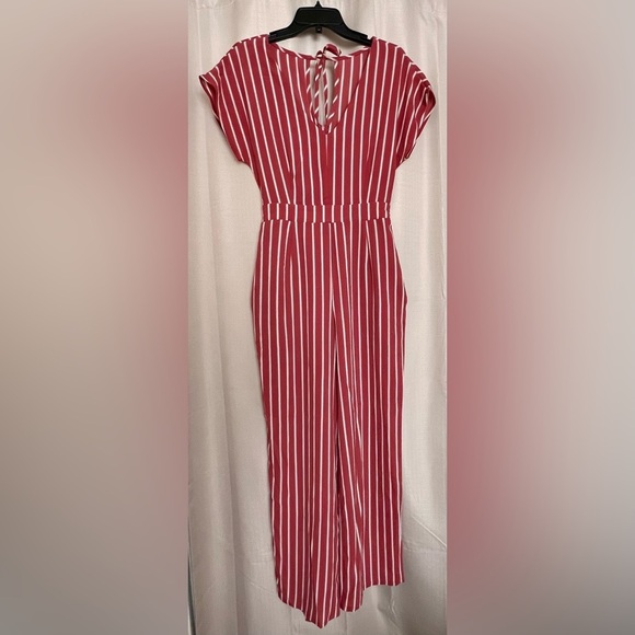 Unlnown Pants - Burgundy White Striped Wide Leg Jumpsuit Pockets M